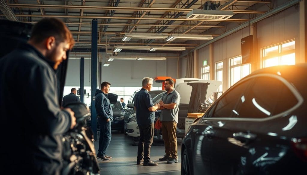 A well-lit auto body shop in San Antonio, with technicians diligently working on a car in the foreground. In the middle ground, customers converse with the shop manager, discussing estimated turnaround time and status updates. The background showcases the shop's modern equipment and attention to detail. The lighting is warm and inviting, creating a sense of professionalism and reliability. The overall atmosphere conveys a commitment to efficient, transparent, and trustworthy service, reflecting the local community's needs. A well-lit auto body shop in San Antonio, with technicians diligently working on a car in the foreground. In the middle ground, customers converse with the shop manager, discussing estimated turnaround time and status updates. The background showcases the shop's modern equipment and attention to detail. The lighting is warm and inviting, creating a sense of professionalism and reliability. The overall atmosphere conveys a commitment to efficient, transparent, and trustworthy service, reflecting the local community's needs.