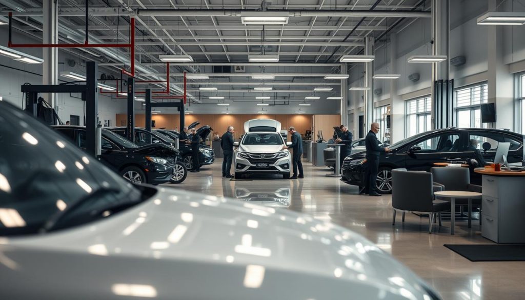 A well-lit, expansive collision center experience with a modern, well-equipped repair shop in the foreground. In the middle ground, a team of skilled technicians diligently working on a damaged vehicle, using state-of-the-art tools and equipment. In the background, a customer service area with a welcoming atmosphere, where clients can comfortably discuss their insurance claims and the repair process. The lighting is warm and inviting, creating a sense of professionalism and attention to detail throughout the center.