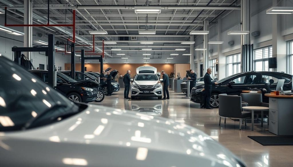 A well-lit, expansive collision center experience with a modern, well-equipped repair shop in the foreground. In the middle ground, a team of skilled technicians diligently working on a damaged vehicle, using state-of-the-art tools and equipment. In the background, a customer service area with a welcoming atmosphere, where clients can comfortably discuss their insurance claims and the repair process. The lighting is warm and inviting, creating a sense of professionalism and attention to detail throughout the center. A well-lit, expansive collision center experience with a modern, well-equipped repair shop in the foreground. In the middle ground, a team of skilled technicians diligently working on a damaged vehicle, using state-of-the-art tools and equipment. In the background, a customer service area with a welcoming atmosphere, where clients can comfortably discuss their insurance claims and the repair process. The lighting is warm and inviting, creating a sense of professionalism and attention to detail throughout the center.