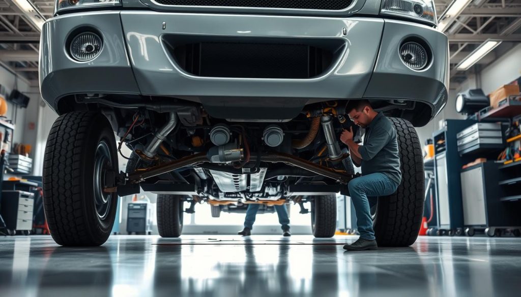 A well-lit, high-resolution image depicting the step-by-step process of a post-collision safety inspection on a fleet vehicle. The foreground shows a mechanic closely examining the vehicle's undercarriage, checking for any structural damage, leaks, or misaligned components. The middle ground features the mechanic inspecting the exterior, documenting any visible dents, cracks, or paint scuffs. In the background, the vehicle is positioned in a clean, modern auto repair shop with various tools and equipment visible, conveying a sense of professionalism and attention to detail. The lighting is bright and evenly distributed, casting subtle shadows that accentuate the vehicle's contours. The overall mood is one of focused, methodical assessment, emphasizing the importance of thorough post-collision inspections for fleet vehicle safety. A well-lit, high-resolution image depicting the step-by-step process of a post-collision safety inspection on a fleet vehicle. The foreground shows a mechanic closely examining the vehicle's undercarriage, checking for any structural damage, leaks, or misaligned components. The middle ground features the mechanic inspecting the exterior, documenting any visible dents, cracks, or paint scuffs. In the background, the vehicle is positioned in a clean, modern auto repair shop with various tools and equipment visible, conveying a sense of professionalism and attention to detail. The lighting is bright and evenly distributed, casting subtle shadows that accentuate the vehicle's contours. The overall mood is one of focused, methodical assessment, emphasizing the importance of thorough post-collision inspections for fleet vehicle safety.