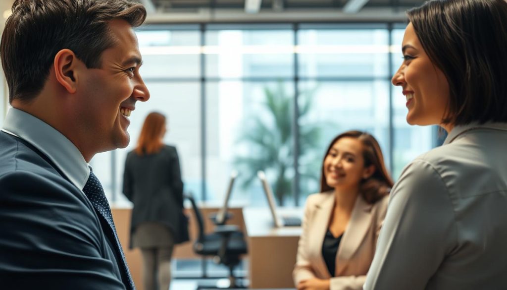 A well-lit, high-resolution photo of a professional customer service representative in a modern office setting. The foreground shows the representative, a friendly-looking person with a warm smile, wearing a collared shirt and tie, engaged in a polite conversation with a customer. The middle ground depicts the customer's side of the interaction, with the customer nodding and smiling in response. The background showcases the sleek, minimalist office design, with clean lines, neutral colors, and large windows letting in natural light. The overall scene conveys a sense of efficient, attentive, and personalized customer service. A well-lit, high-resolution photo of a professional customer service representative in a modern office setting. The foreground shows the representative, a friendly-looking person with a warm smile, wearing a collared shirt and tie, engaged in a polite conversation with a customer. The middle ground depicts the customer's side of the interaction, with the customer nodding and smiling in response. The background showcases the sleek, minimalist office design, with clean lines, neutral colors, and large windows letting in natural light. The overall scene conveys a sense of efficient, attentive, and personalized customer service.