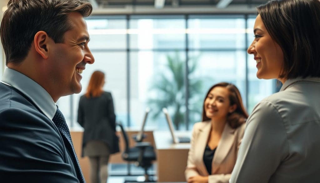 A well-lit, high-resolution photo of a professional customer service representative in a modern office setting. The foreground shows the representative, a friendly-looking person with a warm smile, wearing a collared shirt and tie, engaged in a polite conversation with a customer. The middle ground depicts the customer's side of the interaction, with the customer nodding and smiling in response. The background showcases the sleek, minimalist office design, with clean lines, neutral colors, and large windows letting in natural light. The overall scene conveys a sense of efficient, attentive, and personalized customer service.