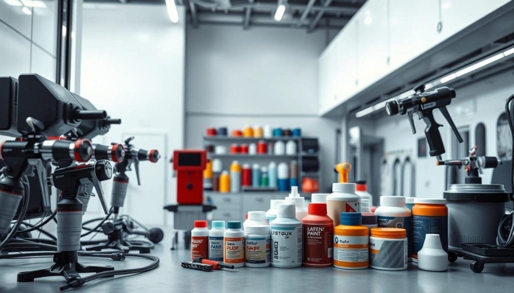 A well-lit, high-resolution photograph of an assortment of cutting-edge auto body and paint tools against a clean, modern background. In the foreground, precision spray guns, paint mixing machines, and digital color scanners are neatly arranged. In the middle ground, a selection of high-performance paint products and automotive finishes in a variety of colors are displayed. The background features a sleek, minimalist workshop setting with high ceilings, plenty of natural light, and a sense of professionalism and attention to detail. The overall mood is one of technological sophistication, quality craftsmanship, and a dedication to providing the best possible auto body and paint services. A well-lit, high-resolution photograph of an assortment of cutting-edge auto body and paint tools against a clean, modern background. In the foreground, precision spray guns, paint mixing machines, and digital color scanners are neatly arranged. In the middle ground, a selection of high-performance paint products and automotive finishes in a variety of colors are displayed. The background features a sleek, minimalist workshop setting with high ceilings, plenty of natural light, and a sense of professionalism and attention to detail. The overall mood is one of technological sophistication, quality craftsmanship, and a dedication to providing the best possible auto body and paint services.