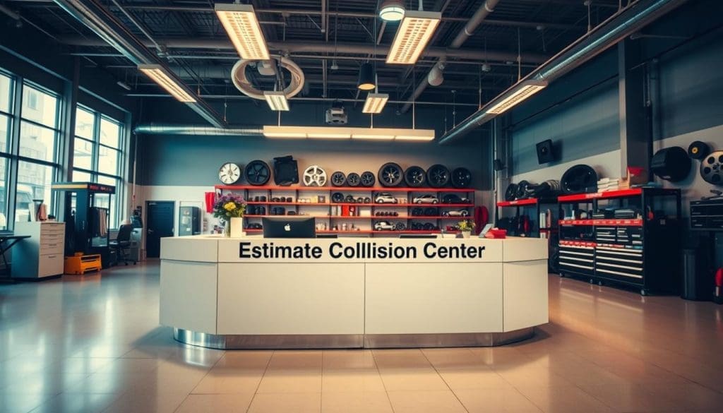 A well-lit, modern auto repair shop interior with a focal point on a customer service counter labeled "Estimate Collision Center". The counter is situated in a clean, organized space with car parts and tools neatly displayed on shelves in the background. The lighting is warm and inviting, creating a professional yet approachable atmosphere. The camera angle is slightly elevated, capturing the entire scene from a welcoming perspective. The overall mood conveys efficiency, trustworthiness, and a commitment to providing a seamless customer experience for requesting auto repair estimates. A well-lit, modern auto repair shop interior with a focal point on a customer service counter labeled "Estimate Collision Center". The counter is situated in a clean, organized space with car parts and tools neatly displayed on shelves in the background. The lighting is warm and inviting, creating a professional yet approachable atmosphere. The camera angle is slightly elevated, capturing the entire scene from a welcoming perspective. The overall mood conveys efficiency, trustworthiness, and a commitment to providing a seamless customer experience for requesting auto repair estimates.