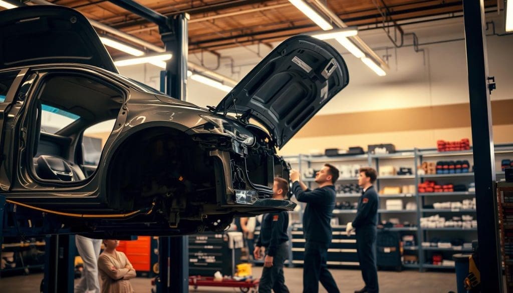 A well-lit workshop interior, showcasing the repair process in progress. In the foreground, an automobile on a hydraulic lift, its body panels carefully removed, revealing the inner workings. Mechanics in the middle ground, meticulously inspecting and diagnosing the vehicle, their hands adorned with protective gloves. Shelves of replacement parts and tools line the background, conveying a sense of organization and professionalism. Warm, neutral lighting casts a subtle glow, creating a sense of care and attention to detail. The atmosphere is one of diligence and competence, reflecting the dedication to ensuring fair compensation for the repair work.