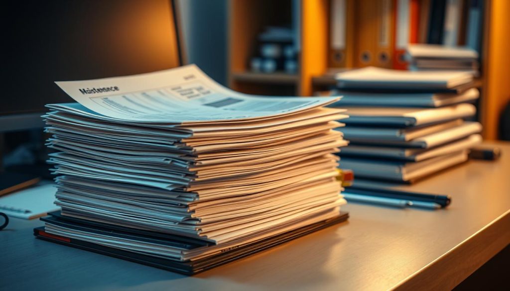 A well-organized desk with a neatly stacked pile of maintenance records, including service invoices, receipts, and logbooks. The records are illuminated by warm, directional lighting, casting soft shadows and highlighting the details. The desk surface is clean and uncluttered, providing a professional and organized appearance. In the background, a bookshelf or filing cabinet can be seen, further emphasizing the importance of proper documentation and record-keeping. The overall scene conveys a sense of attention to detail, care, and commitment to vehicle maintenance, which would instill confidence in a potential buyer.