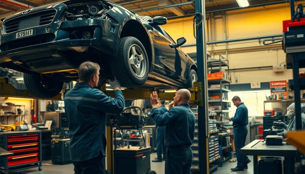 Detailed workshop scene showcasing the repair workflow for a car. In the foreground, a mechanic inspects the damaged vehicle on a lift, examining the safety systems. In the middle ground, other technicians work on disassembling, cleaning, and replacing components. In the background, the workshop is filled with specialized tools, diagnostic equipment, and parts shelves, creating a sense of a comprehensive repair process. The lighting is warm and focused, highlighting the intricate work being done. The overall mood conveys a professional, meticulous approach to restoring the vehicle's safety features.