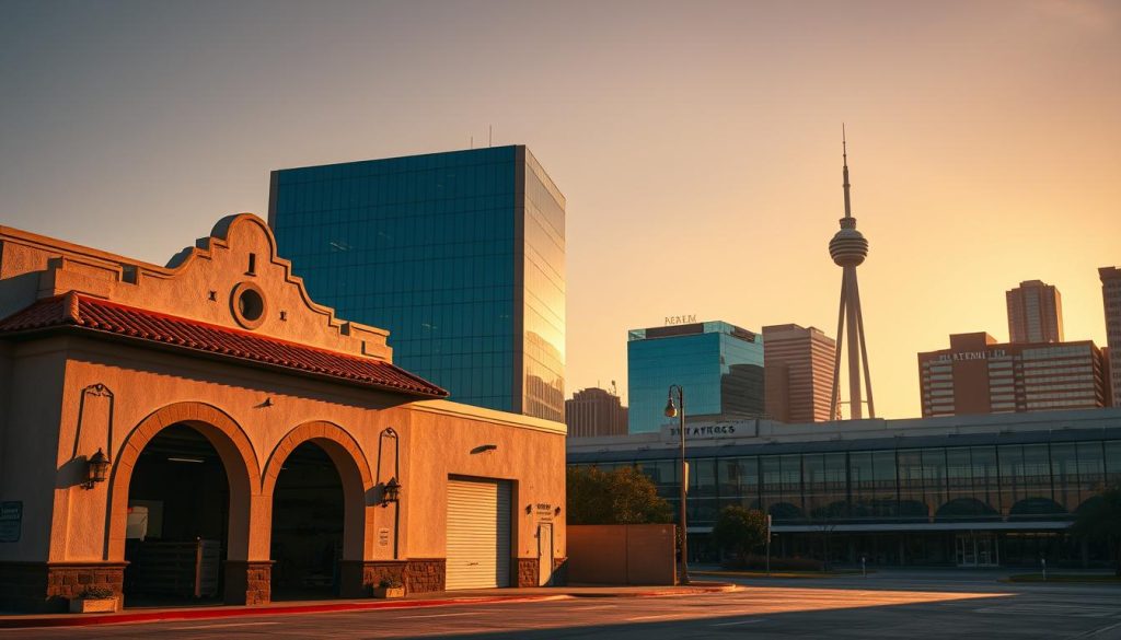 Two iconic San Antonio locations, captured in a vibrant architectural landscape. The foreground features the distinct Mission-style facade of a local repair shop, its terracotta roof tiles and arched entryways lending a timeless charm. In the middle ground, the sleek, modern lines of a second repair facility stand in contrast, its glass facade reflecting the surrounding cityscape. The background showcases the striking silhouettes of the city's skyline, punctuated by the iconic Tower of the Americas, bathed in the warm glow of the Texan sun. Subtle shadows and highlights accentuate the depth and texture of the scene, creating a visually captivating representation of San Antonio's dynamic automotive repair landscape.