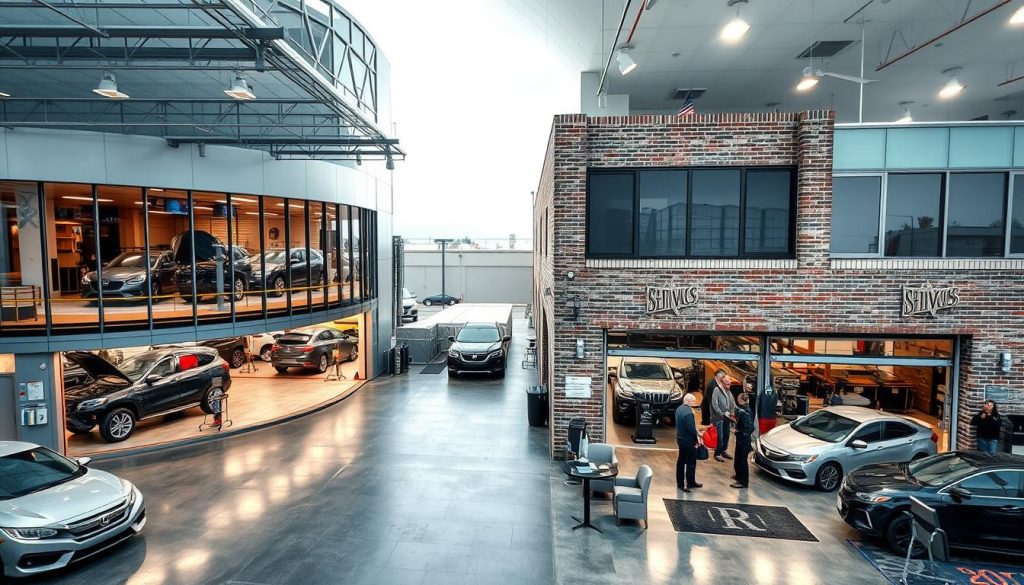 Two modern auto body shops in San Antonio, one in the bustling downtown district and the other in a suburban commercial area. The downtown location has a sleek, industrial facade with large windows showcasing the latest equipment, while the suburban shop has a more traditional brick and mortar design. Both feature well-lit, spacious interiors with state-of-the-art collision repair bays, a customer waiting area with comfortable seating, and a team of certified technicians. Soft, diffused lighting creates a professional, welcoming atmosphere. The overall scene conveys a sense of reliability, expertise, and dedication to providing exceptional auto body services to the San Antonio community.