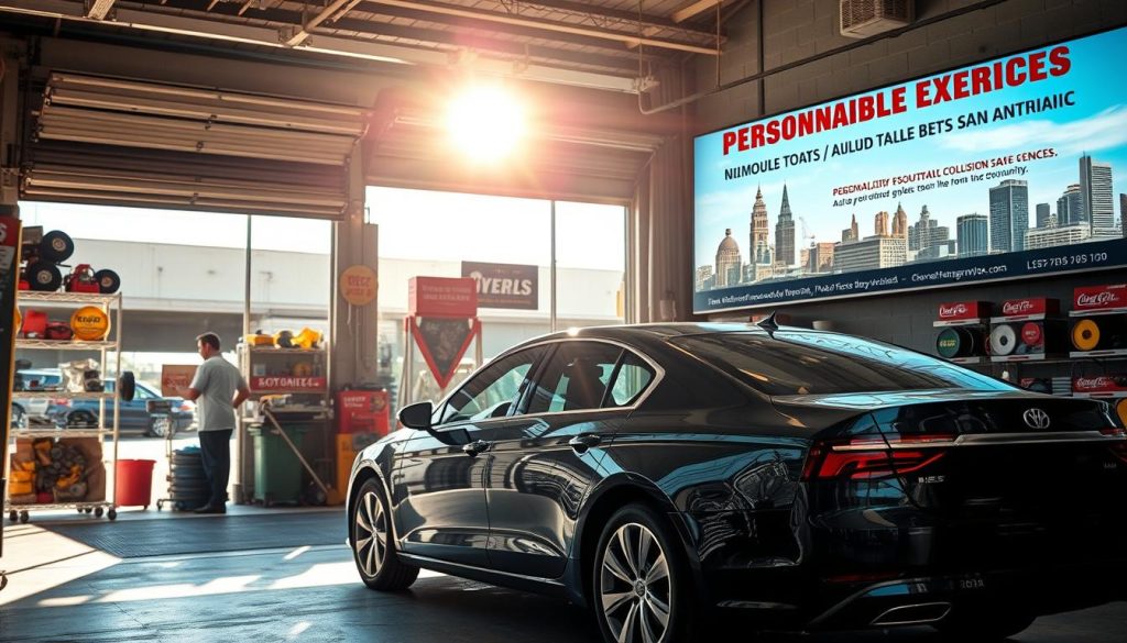 A bustling auto body shop in San Antonio, the sunlight streaming through the open garage doors, illuminating the colorful array of discounted parts and tools on display. In the foreground, a sleek sedan parked, awaiting repairs, its dented fender and cracked windshield a testament to the season's hazards. Mechanics in crisp uniforms bustle about, offering personalized solutions and seasonal discounts to drivers. In the background, an oversized billboard showcases the shop's expertise and the unique deals tailored for the local community, set against a backdrop of the city's iconic landmarks. The scene exudes a sense of efficiency, care, and a commitment to providing San Antonio drivers with the best possible collision repair experience.