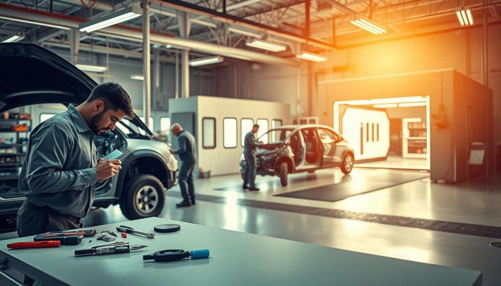 A bustling auto repair shop, the collision center process unfolds in a well-lit, modern space. In the foreground, a technician meticulously inspects the damage to a vehicle, their tools laid out on a clean workbench. In the middle ground, another technician carefully aligns the car's frame, ensuring precision and stability. In the background, a state-of-the-art paint booth stands ready, its bright lighting and specialized equipment poised to restore the vehicle's finish to its original luster. The atmosphere is one of focused professionalism, where every step of the repair process is carried out with the utmost care and attention to detail, ensuring a seamless and efficient collision repair experience.