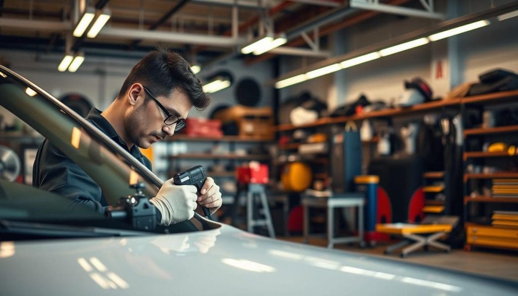 A bustling auto shop in San Antonio, with a well-lit, modern interior. In the foreground, a skilled technician carefully examines a dented car panel, using specialized tools to assess the damage. The middle ground features various dent repair equipment, including paintless dent removal tools and a workshop area with workbenches. In the background, shelves display an array of automotive parts, conveying the comprehensive nature of the service offered. The scene is bathed in warm, diffused lighting, creating a professional and inviting atmosphere. The overall composition emphasizes the expertise and care taken in providing high-quality dent repair solutions to customers in San Antonio.