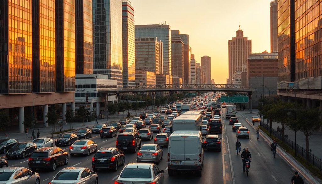 A bustling urban scene in San Antonio, Texas, captured during the peak traffic hours. Towering skyscrapers and modern high-rises line the streets, their reflective glass surfaces gleaming under the warm, golden hues of the setting sun. Cars and trucks of various makes and models crawl along the congested roads, their taillights and headlights creating a mesmerizing tapestry of red and white. The sidewalks are dotted with pedestrians hurrying to their destinations, weaving through the chaos of the city's rush hour. Overhead, a network of elevated highways crisscrosses the skyline, adding to the complexity and density of the urban landscape. The atmosphere is one of energy and hustle, reflecting the fast-paced nature of San Antonio's daily commute.