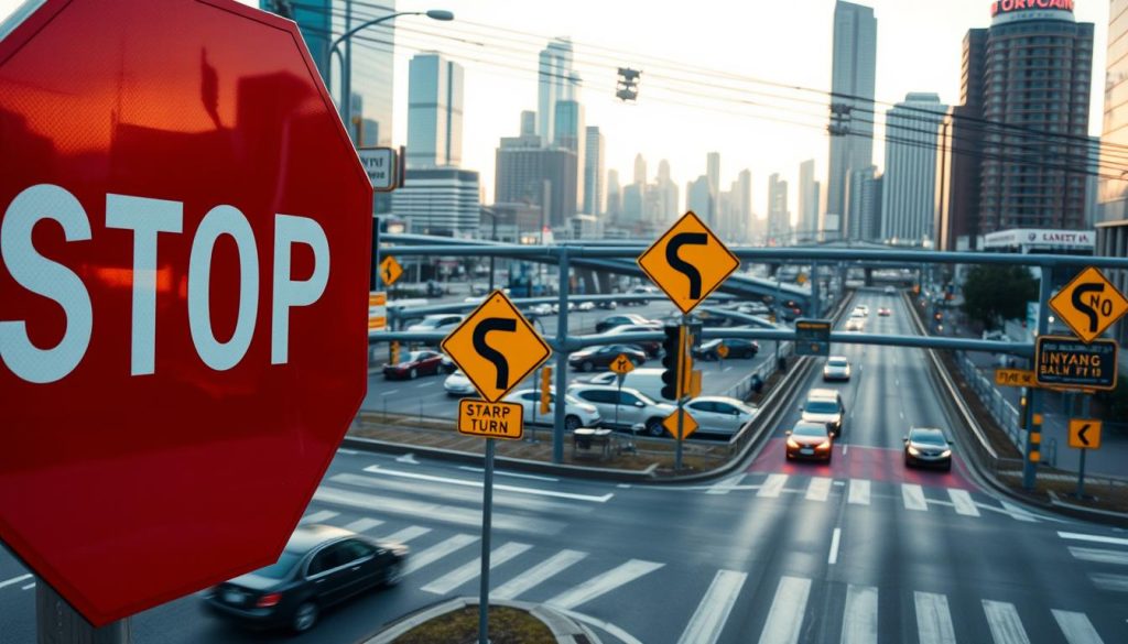 A busy urban intersection at dawn, with various collision warning signs prominently displayed on the side of the road. In the foreground, a large red octagonal stop sign, its reflective surface gleaming in the soft morning light. In the middle ground, yellow diamond-shaped signs indicating sharp turns and merging traffic. In the background, a complex web of intersecting roads and skyscrapers, hinting at the bustling city environment. The scene is captured with a wide-angle lens, emphasizing the sense of depth and the importance of these crucial safety markers. The overall mood is one of cautious alertness, underscoring the need for vigilance when driving in a congested urban area.