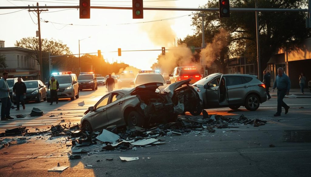 A chaotic scene unfolds on a San Antonio street, with a twisted wreckage of two vehicles colliding at an intersection. Shattered glass and twisted metal litter the ground, while smoke billows from the damaged engines. Emergency responders rush to the scene, their sirens wailing as they work to stabilize the situation. The surrounding area is bathed in the warm glow of the setting sun, casting long shadows across the pavement. The mood is somber, with a palpable sense of urgency as bystanders watch the unfolding drama. The camera captures the aftermath in vivid detail, showcasing the importance of safety and caution on the roads of San Antonio.
