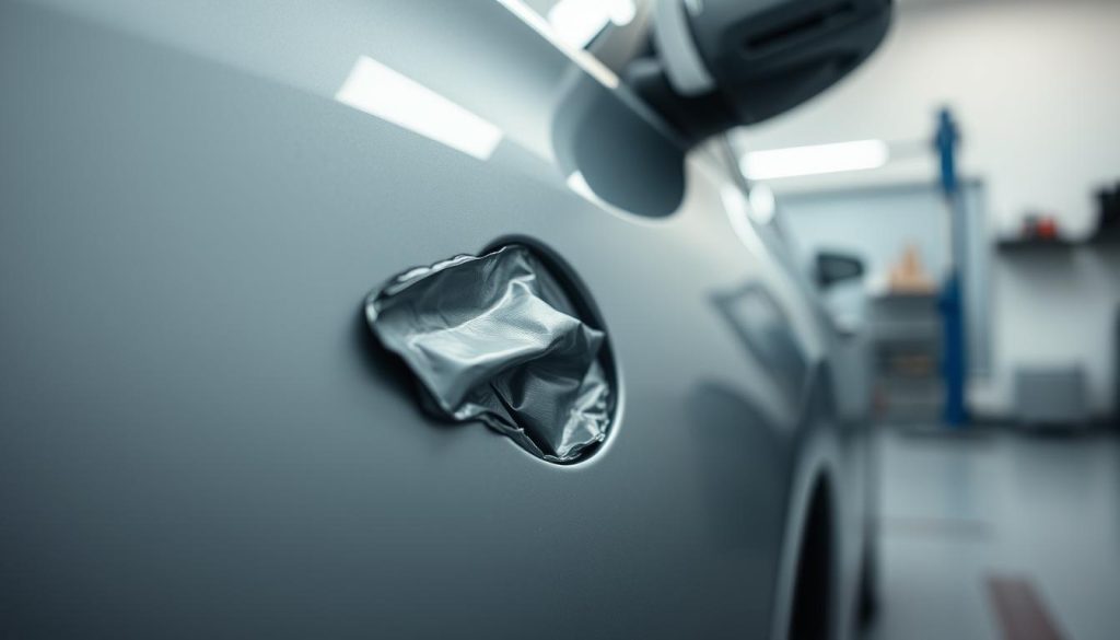 A close-up view of a car body panel with a prominent dent, illuminated by soft, directional lighting that accentuates the damaged surface. The foreground depicts the dented area in sharp detail, showcasing the crumpled metal and the subtle variations in texture and color. The middle ground blurs slightly, drawing the viewer's attention to the central point of impact. In the background, a clean, neutral environment, perhaps a repair shop or a well-lit garage, sets the stage for the focus on the dent itself. The overall mood is one of thoughtfulness and attention to detail, conveying the importance of addressing this type of vehicle damage promptly and effectively.