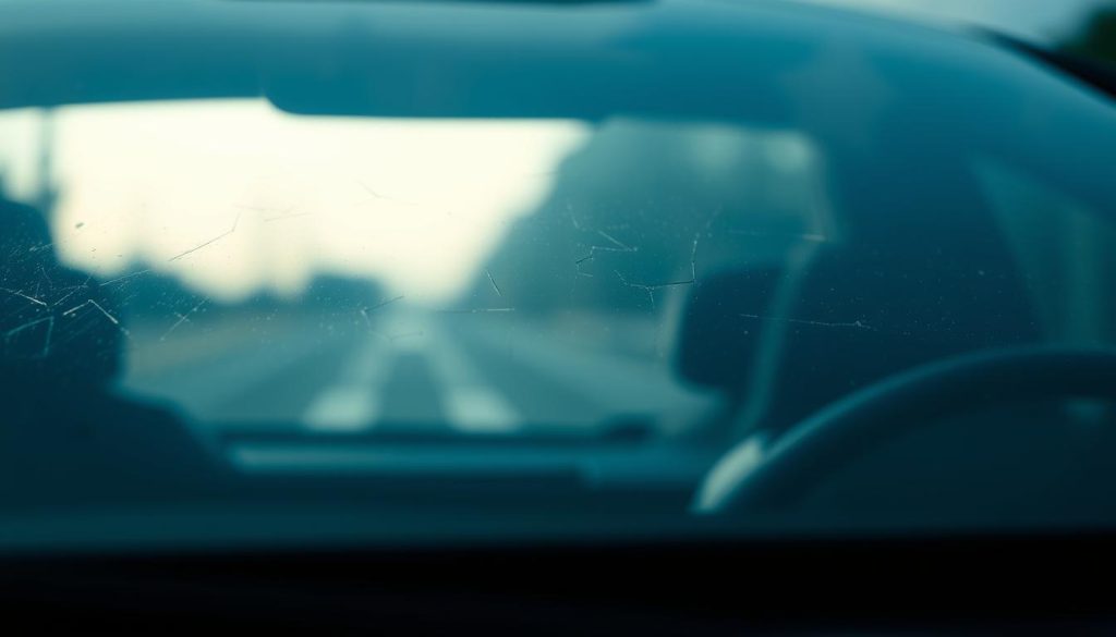 A close-up view of a car's windshield, capturing the intricate details and reflections on the glass surface. The windshield appears slightly weathered, with a few minor cracks or chips, suggesting the need for inspection and potential recalibration of the Advanced Driver Assistance Systems (ADAS) sensors. The lighting is soft and diffused, creating a natural, realistic atmosphere. The perspective is slightly elevated, providing a slightly angled view of the windshield, emphasizing its importance as a critical component for ADAS functionality. The background is blurred, keeping the focus on the windshield and its role in maintaining the accuracy of the vehicle's safety systems.