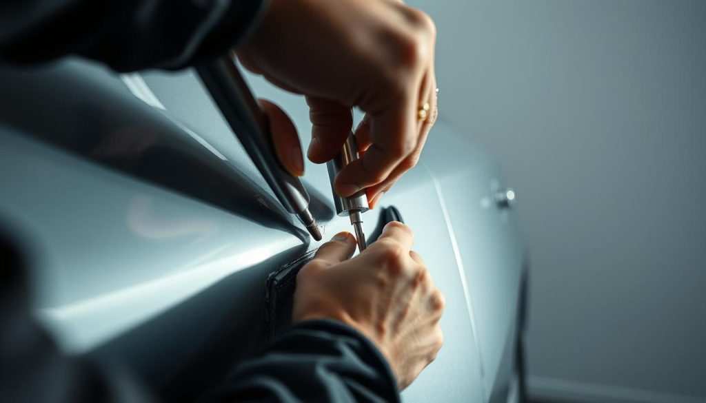 A close-up view of a skilled technician's hands using specialized tools to carefully massage and reshape a dented car panel, without the need for painting. The car is illuminated by soft, diffused lighting, casting subtle shadows that highlight the intricate metalwork. The technician's focused expression and the precise movements of their tools convey the delicate, meticulous nature of the paintless dent repair process. The background is a clean, minimalist workshop environment, allowing the viewer to concentrate on the skilled craftsmanship at the center of the frame. A close-up view of a skilled technician's hands using specialized tools to carefully massage and reshape a dented car panel, without the need for painting. The car is illuminated by soft, diffused lighting, casting subtle shadows that highlight the intricate metalwork. The technician's focused expression and the precise movements of their tools convey the delicate, meticulous nature of the paintless dent repair process. The background is a clean, minimalist workshop environment, allowing the viewer to concentrate on the skilled craftsmanship at the center of the frame.