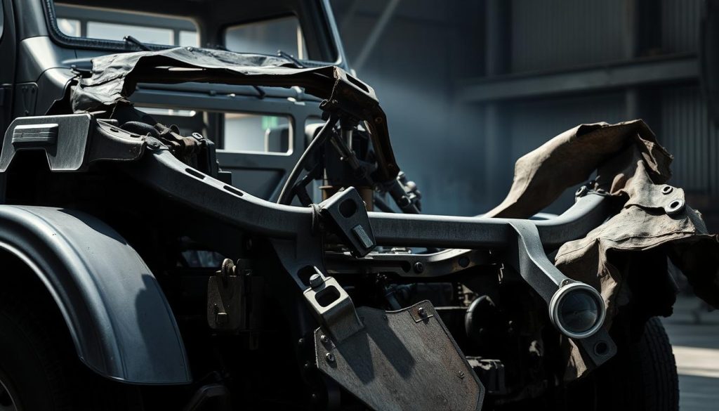 A damaged vehicle frame, its metallic structure twisted and deformed, the once-sturdy chassis now warped and bent, revealing the underlying damage. The twisted frame rails and crumpled fenders cast dramatic shadows, the harsh lighting casting an ominous, industrial atmosphere. The image showcases the hidden dangers of driving with frame damage, highlighting the critical need for immediate inspection and repair to ensure the vehicle's structural integrity and safety.