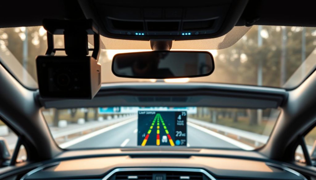 A detailed close-up view of various driver assistance systems installed on the dashboard of a modern vehicle. In the foreground, a forward-facing camera and radar sensors are prominently displayed, capturing the scene ahead with precision. In the middle ground, a high-resolution display shows a real-time feed from the sensors, highlighting detected objects, lane markings, and other crucial information. The background features the sleek, minimalist interior design of the vehicle, with clean lines and a subdued color palette that complements the advanced technology. The overall mood is one of technological sophistication and safety, conveying the critical importance of properly calibrated ADAS systems.