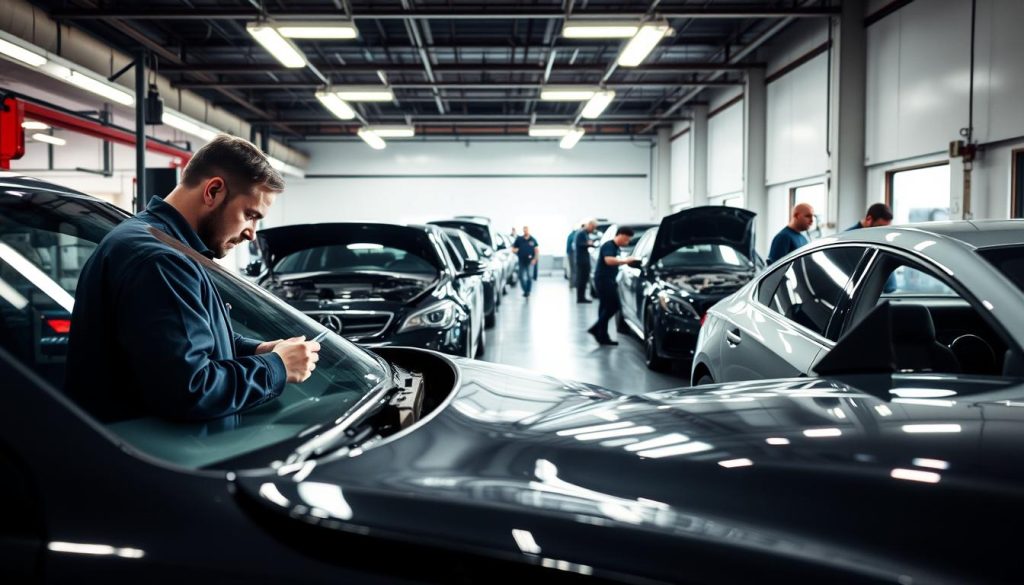 A detailed, step-by-step collision repair process unfolding in a well-lit, modern auto shop. In the foreground, a damaged vehicle is being carefully examined by a technician, tools in hand. In the middle ground, other technicians are sanding, priming, and painting various body panels. In the background, additional vehicles await their turn, reflecting the systematic workflow. Soft, directional lighting casts subtle shadows, highlighting the meticulous nature of the repairs. The overall atmosphere is one of organized professionalism, conveying the expertise and care required to restore a vehicle to pristine condition.