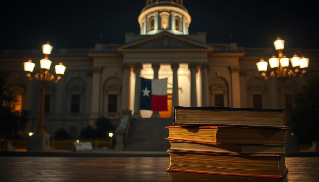 A dimly lit Texas state capitol building, with warm incandescent lamps casting a soft glow on the intricate limestone architecture. In the foreground, a stack of law books rests on a wooden desk, the pages slightly worn, hinting at the weight of the statutes they contain. A Texas state flag hangs in the background, a subtle nod to the legislative authority that governs the roads and highways of San Antonio. The scene conveys a sense of authority, tradition, and the guiding principles that shape the driving laws and enforcement in the city.