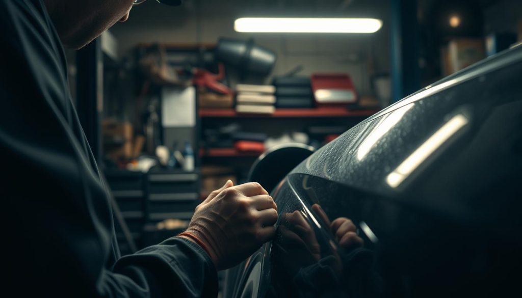 A dimly lit auto repair shop, with a technician carefully examining a dented vehicle. The foreground shows the technician's hands delicately working on the metal, using specialized tools to massage the surface back into its original shape. In the middle ground, an array of dent repair tools and equipment are visible, hinting at the technical expertise required. The background reveals the cluttered, industrial setting of the shop, with shelves of spare parts and the faint glow of fluorescent lighting. The overall mood is one of focused concentration and the skilled craftsmanship of traditional dent repair. A dimly lit auto repair shop, with a technician carefully examining a dented vehicle. The foreground shows the technician's hands delicately working on the metal, using specialized tools to massage the surface back into its original shape. In the middle ground, an array of dent repair tools and equipment are visible, hinting at the technical expertise required. The background reveals the cluttered, industrial setting of the shop, with shelves of spare parts and the faint glow of fluorescent lighting. The overall mood is one of focused concentration and the skilled craftsmanship of traditional dent repair.