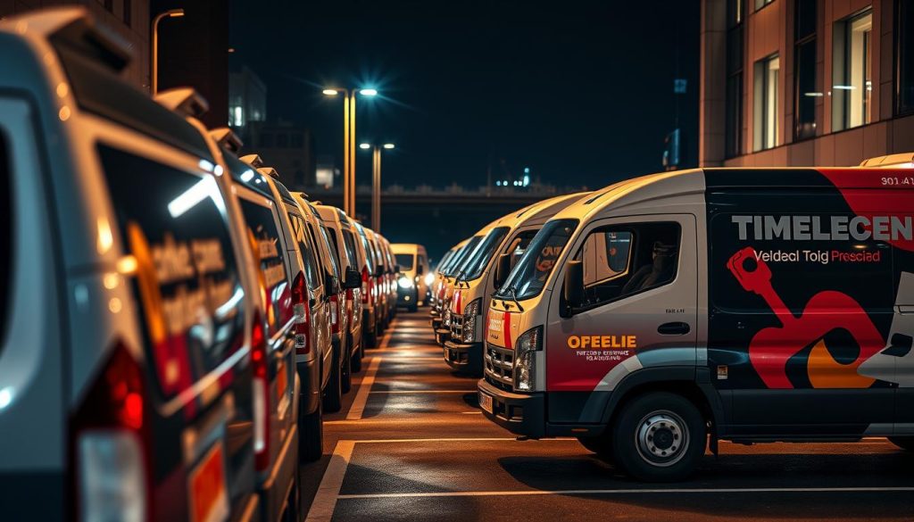 A fleet of commercial vehicles, their sides adorned with vibrant, professionally-applied decals showcasing the company's branding. The decals are crisp, the colors vivid, creating a cohesive, eye-catching look across the entire fleet. The vehicles are parked in a well-lit, modern urban setting, perhaps a city street or a corporate parking lot, bathed in warm, directional lighting that highlights the detailed decals. The composition emphasizes the fleet's uniformity and visual impact, conveying a sense of professionalism and brand identity. The overall scene is both practical and aesthetically pleasing, reflecting the importance of fleet branding and decaling for businesses seeking to maintain a strong, consistent visual presence. A fleet of commercial vehicles, their sides adorned with vibrant, professionally-applied decals showcasing the company's branding. The decals are crisp, the colors vivid, creating a cohesive, eye-catching look across the entire fleet. The vehicles are parked in a well-lit, modern urban setting, perhaps a city street or a corporate parking lot, bathed in warm, directional lighting that highlights the detailed decals. The composition emphasizes the fleet's uniformity and visual impact, conveying a sense of professionalism and brand identity. The overall scene is both practical and aesthetically pleasing, reflecting the importance of fleet branding and decaling for businesses seeking to maintain a strong, consistent visual presence.