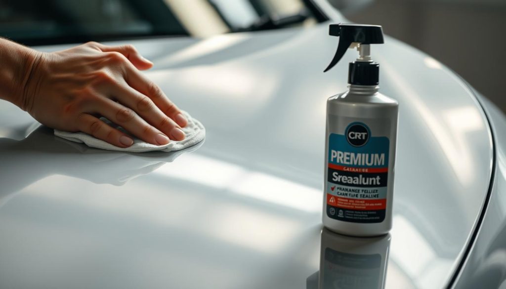 A gleaming car under soft, directional lighting, the surface reflecting a brilliant shine. In the foreground, a hand carefully applying a layer of high-quality wax, smoothing it onto the paint with precise, circular motions. In the middle ground, a bottle of premium car sealant stands open, ready to provide an additional protective layer. The background is blurred, keeping the focus on the car's surface and the application process. The scene conveys a sense of care, attention to detail, and the satisfaction of maintaining a vehicle's pristine appearance through affordable, short-term solutions.