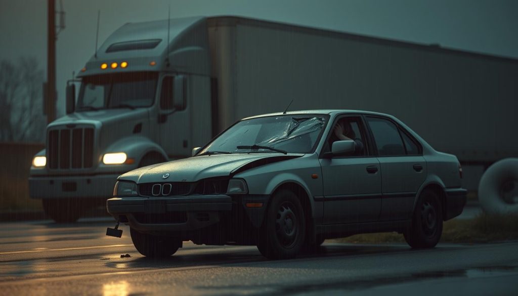 A lonely, dilapidated car sits on the side of a dimly lit, rain-soaked street. The front bumper is crumpled, and the windshield is shattered, indicating a recent collision. The driver, head in hands, appears distressed as they gaze out the window, realizing the financial burden of being uninsured. In the background, the silhouette of a large commercial truck looms ominously, a stark reminder of the potential dangers faced by unprotected drivers. The scene is shrouded in a moody, atmospheric lighting, evoking a sense of vulnerability and the harsh consequences of driving without proper coverage.