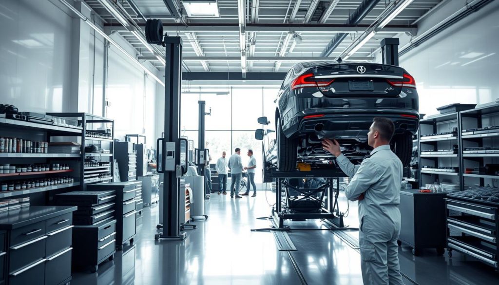 A modern car repair shop with a state-of-the-art vehicle inspection bay. The bright, well-lit space is filled with a variety of sophisticated diagnostic tools and equipment. In the foreground, a mechanic in a clean, professional uniform carefully examines the undercarriage of a sedan using a hydraulic lift. Amid the organized workbenches and shelves of spare parts, the middle ground reveals other mechanics diligently checking various systems, ensuring the vehicle meets all safety standards. The background showcases the sleek, minimalist architecture of the facility, with large windows allowing natural light to flood the interior. An atmosphere of precision, expertise, and a commitment to vehicle safety permeates the scene.