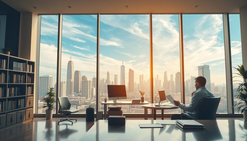 A modern office interior with a large window overlooking a city skyline. In the foreground, an insurance agent sits at a desk, reviewing documents and speaking on a phone, conveying a sense of professionalism and expertise. The middle ground features bookshelves, a computer, and other office accoutrements, creating a well-equipped workspace. The background showcases the urban landscape, with skyscrapers and a blue sky with wispy clouds, evoking a feeling of security and reliability. The lighting is warm and natural, creating a welcoming atmosphere. The overall composition should convey the concept of "insurance claim assistance" in a visually appealing and impactful manner.
