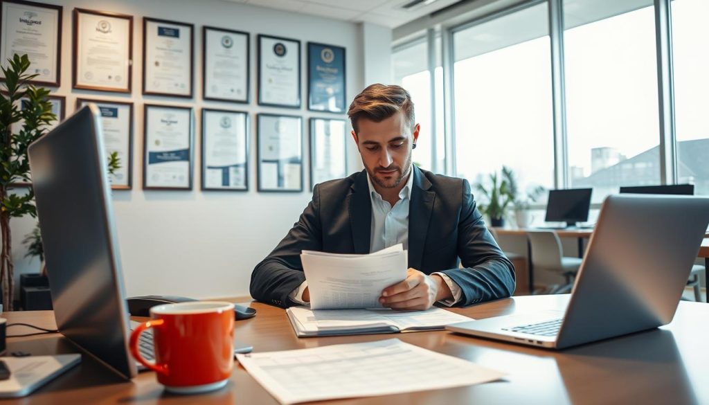 A modern office interior with a professional setting. In the foreground, a person sits at a desk, carefully reviewing insurance documents and filling out a claim form. On the desk, a laptop, a phone, and a coffee mug create a sense of a busy, yet organized workspace. The middle ground showcases a wall with framed certificates and awards, conveying the insurance company's expertise and reliability. The background features large windows allowing natural light to flood the room, creating a bright and welcoming atmosphere. The overall scene embodies the process of navigating the insurance claim system with a sense of professionalism, attention to detail, and confidence.