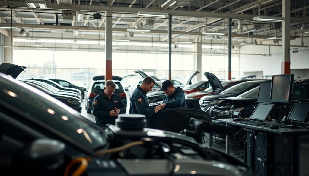A modern, well-equipped San Antonio collision center, with a spacious showroom displaying an array of vehicles undergoing repair. In the foreground, a team of skilled technicians meticulously inspecting and working on a car, their focus evident in their expressions. The middle ground showcases a range of diagnostic equipment and tools, conveying the center's commitment to precision and professionalism. The background features large windows, allowing natural light to flood the space and creating a warm, inviting atmosphere. The overall scene exudes a sense of efficiency, attention to detail, and a dedication to providing top-notch service to the local community.