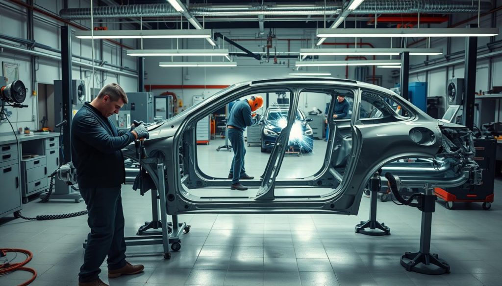 A modern, well-equipped auto body shop with technicians using advanced tools and technology to meticulously repair a damaged vehicle frame. In the foreground, a technician carefully aligns the frame using specialized clamps and jigs, ensuring precise measurements. In the middle ground, other technicians wield power tools, grinding and welding the frame back to its original shape. The background features a clean, organized workspace with a variety of state-of-the-art diagnostic equipment and repair machines. Soft, directional lighting casts an atmosphere of professionalism and attention to detail, conveying the care and expertise required for proper collision repair.