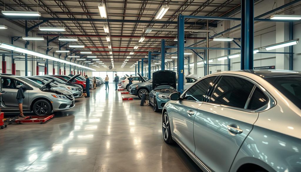 A modern, well-equipped auto collision center nestled in the bustling streets of San Antonio. The spacious, brightly lit workshop features state-of-the-art equipment and skilled technicians, efficiently restoring vehicles to their former glory. Gleaming steel frames and gleaming paint finishes reflect the center's commitment to quality workmanship, creating a serene, organized atmosphere that conveys a sense of professionalism and attention to detail. In the foreground, a freshly repaired sedan awaits its owner, its pristine exterior and unblemished lines a testament to the center's expertise. The background showcases the center's streamlined workflow, with technicians meticulously inspecting and repairing damaged vehicles under the warm glow of overhead lighting.