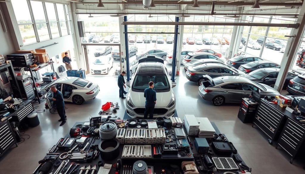 A modern, well-equipped body shop with a spacious interior filled with natural light. In the foreground, a team of skilled technicians meticulously inspect a vehicle, surrounded by state-of-the-art tools and equipment. The middle ground showcases a range of neatly organized parts and supplies, conveying an efficient and organized workflow. In the background, large windows offer a glimpse of the bustling parking lot, where various makes and models of cars await their turn for expert collision repair. The overall atmosphere is one of professionalism, attention to detail, and a commitment to providing high-quality, insurance-backed services.