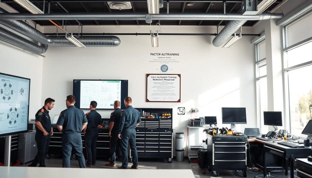 A modern, well-equipped technology training center in San Antonio. In the foreground, a group of technicians in uniform studying diagrams and schematics on a large interactive display. Mid-ground, a row of toolboxes and workstations with various repair tools and diagnostic equipment. In the background, a wall-mounted certificate showcasing the center's factory-authorized training credentials and warranty program details. Bright, natural lighting filters in through large windows, creating a sense of openness and professionalism. The overall atmosphere conveys a commitment to quality, hands-on training and comprehensive after-sales support.