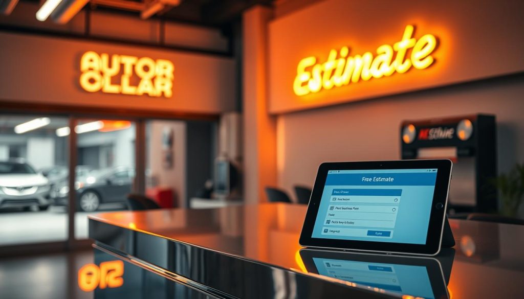 A neon sign in a sleek, modern auto repair shop, casting a warm glow over a polished, chrome-accented reception desk. On the desk, a tablet displays a digital "Free Estimate" form, its user interface clean and intuitive. The shop's branding is subtly integrated, conveying professionalism and reliability. The lighting is soft and inviting, creating a welcoming atmosphere for customers seeking hassle-free collision repair services. The entire scene exudes a sense of efficiency, transparency, and trust - the hallmarks of a trusted, customer-centric collision center. A neon sign in a sleek, modern auto repair shop, casting a warm glow over a polished, chrome-accented reception desk. On the desk, a tablet displays a digital "Free Estimate" form, its user interface clean and intuitive. The shop's branding is subtly integrated, conveying professionalism and reliability. The lighting is soft and inviting, creating a welcoming atmosphere for customers seeking hassle-free collision repair services. The entire scene exudes a sense of efficiency, transparency, and trust - the hallmarks of a trusted, customer-centric collision center.