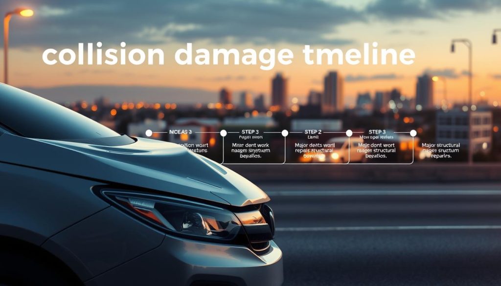 A photo-realistic, highly detailed digital illustration depicting "collision damage timelines". In the foreground, a damaged sedan with various types of collision damage - dents, scratches, broken headlights, etc. The middle ground shows a timeline with several steps, illustrating the progression of repair work from minor dents to major structural repairs. The background features a realistic San Antonio cityscape, with a warm, golden-hour lighting setting a calm, professional tone. The overall composition is clean, balanced, and visually striking, highlighting the key information in an intuitive and visually engaging way.
