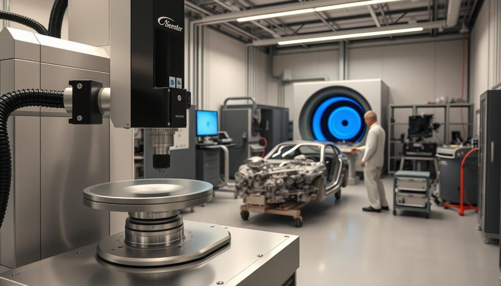 A precision metrology lab filled with an array of high-tech equipment measuring systems. In the foreground, a coordinate measuring machine precisely inspects vehicle components, its robotic arm navigating intricate surfaces. In the middle ground, a 3D laser scanner captures detailed point cloud data, while a hardness tester evaluates material properties. In the background, a wind tunnel with airflow visualization tests aerodynamic performance. Soft, even lighting illuminates the technicians carrying out their work with utmost care and focus, ensuring the strictest OEM quality standards are upheld.