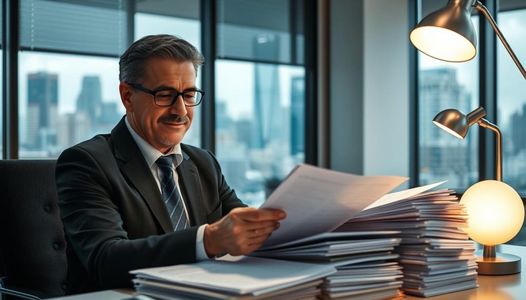 A professional and courteous insurance agent diligently reviewing stacks of insurance claim forms, carefully examining each detail under the warm glow of a desk lamp. In the background, a modern office environment with minimalist decor and a large window overlooking a bustling city skyline. The agent's expression conveys a sense of efficiency and attention to customer service, reflecting the section's focus on handling insurance claims with a customer-first approach. A professional and courteous insurance agent diligently reviewing stacks of insurance claim forms, carefully examining each detail under the warm glow of a desk lamp. In the background, a modern office environment with minimalist decor and a large window overlooking a bustling city skyline. The agent's expression conveys a sense of efficiency and attention to customer service, reflecting the section's focus on handling insurance claims with a customer-first approach.