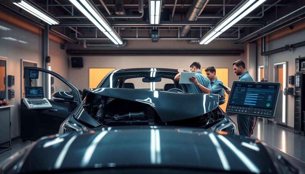 A sleek, modern automotive repair shop, with a well-equipped ADAS (Advanced Driver Assistance Systems) calibration bay. The foreground features the front of a vehicle undergoing the calibration process, sensors and cameras carefully aligned and connected to a high-tech diagnostic console. The middle ground showcases technicians in crisp uniforms, meticulously adjusting the vehicle's systems while referring to detailed schematics and digital readouts. The background is bathed in the warm glow of overhead lighting, creating a professional and focused atmosphere, conveying the importance of ensuring the safety features are properly recalibrated after a collision repair.