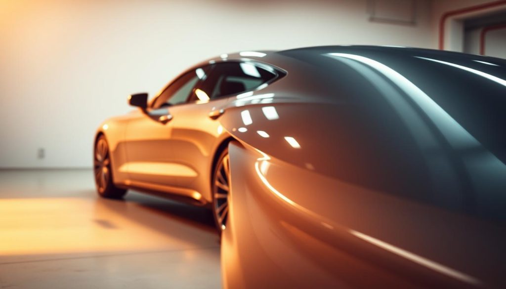 A sleek, modern car parked in a well-lit garage, its gleaming paint protected by a high-quality, transparent film. The film's surface reflects the warm, soft lighting, creating a subtle, elegant sheen. In the foreground, the car's contours are sharply defined, while the background fades into a neutral, minimalist setting, allowing the paint protection to be the focal point. The image conveys a sense of sophistication and attention to detail, perfectly suited to illustrate the importance of choosing the right protection for your car's paint in different driving and climate conditions.