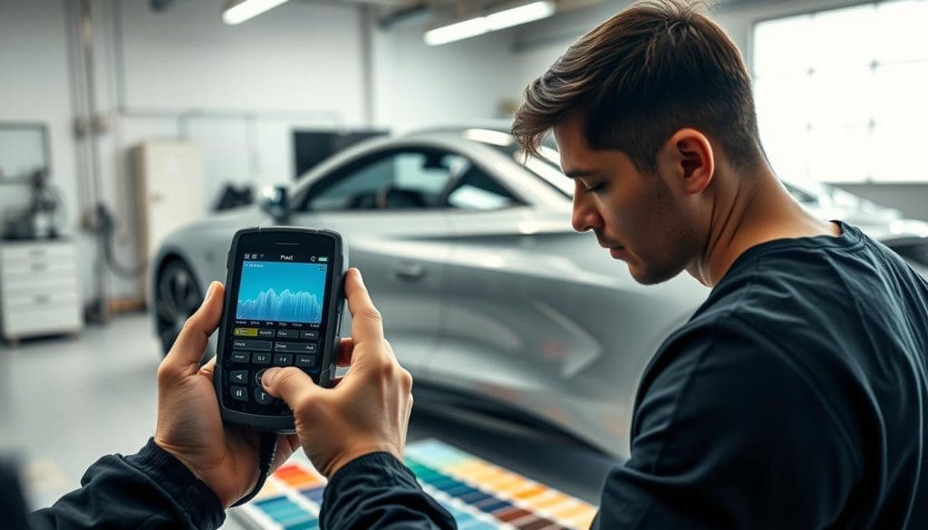 A sleek, modern vehicle sits in a well-lit automotive workshop. The camera angle captures the car's side profile, highlighting the intricate paint job and flawless finish. In the foreground, a technician holds a handheld color-matching device, carefully calibrating the perfect hue to seamlessly blend with the car's body. The device's display shows a detailed color analysis, while the technician's expression conveys deep concentration. The middle ground reveals an array of paint samples, neatly organized and labeled, demonstrating the advanced technology behind precise color matching. The background features a clean, minimalist workshop environment, with tools and equipment meticulously arranged, creating a sense of professionalism and attention to detail.