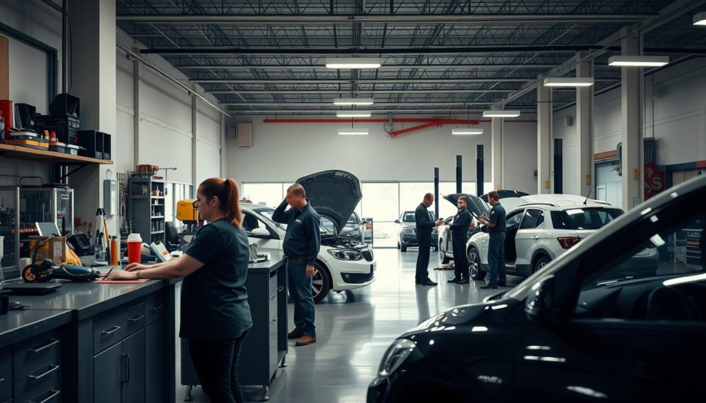 A spacious, well-lit collision repair center, with a focus on providing free estimates. In the foreground, a customer speaks with a friendly staff member at a service counter, surrounded by neatly organized tools and equipment. In the middle ground, technicians carefully inspect a damaged vehicle, evaluating the extent of repairs needed. The background features a clean, modern workshop with state-of-the-art equipment, conveying a sense of professionalism and attention to detail. Soft, even lighting illuminates the scene, creating a welcoming and reassuring atmosphere for the customer. The overall composition emphasizes the center's commitment to transparent, no-cost estimates and high-quality collision repair services. A spacious, well-lit collision repair center, with a focus on providing free estimates. In the foreground, a customer speaks with a friendly staff member at a service counter, surrounded by neatly organized tools and equipment. In the middle ground, technicians carefully inspect a damaged vehicle, evaluating the extent of repairs needed. The background features a clean, modern workshop with state-of-the-art equipment, conveying a sense of professionalism and attention to detail. Soft, even lighting illuminates the scene, creating a welcoming and reassuring atmosphere for the customer. The overall composition emphasizes the center's commitment to transparent, no-cost estimates and high-quality collision repair services.