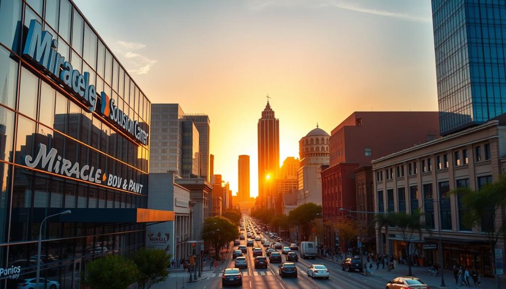 A vibrant cityscape of San Antonio, showcasing the iconic Miracle Body and Paint Collision Center. The foreground features the well-manicured exterior of the repair facility, with its sleek glass facade and modern architectural design. The middle ground captures the bustling streets of downtown San Antonio, with towering skyscrapers, historic landmarks, and lively pedestrian activity. In the background, the picturesque skyline is framed by a golden sunset, casting a warm, inviting glow over the entire scene. The image conveys a sense of reliability, professionalism, and community pride, perfectly aligning with the section title "Why choose Miracle Body and Paint Collision Center in San Antonio".