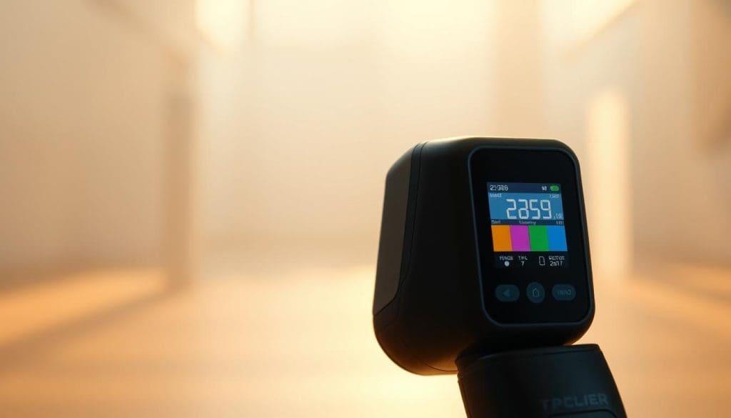 A vibrant, high-resolution image of a handheld digital color scanner device against a soft, out-of-focus background. The scanner has a sleek, minimalist design with a glossy black surface and a brightly illuminated scanning area. Diffused, natural lighting creates warm highlights and subtle shadows, emphasizing the tactile quality of the device. The foreground is sharply in focus, inviting the viewer to closely examine the precise digital readout and color swatches displayed on the scanner's high-definition display panel. The overall mood is one of modern, technological precision and the promise of an exact color match.