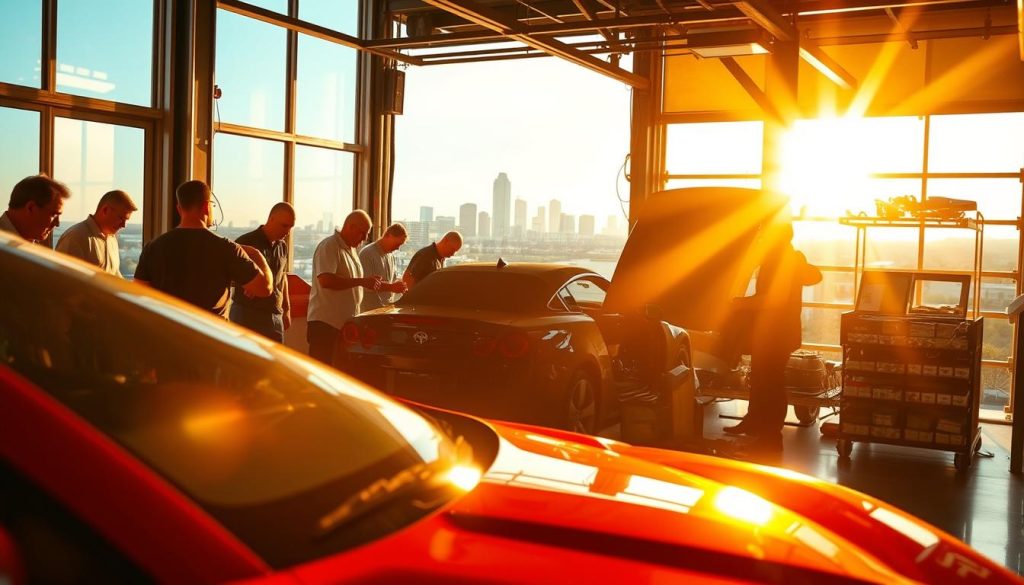 A vibrant, sun-drenched scene of a bustling collision repair shop in San Antonio. In the foreground, a gleaming red sports car is being expertly tended to by a team of skilled technicians, their hands deftly wielding tools and inspecting the vehicle. Through the large windows, the warm, golden light of the Texas sun filters in, casting a welcoming glow over the workspace. In the middle ground, a row of neatly organized spare parts and equipment suggests the efficiency and attention to detail that defines this seasonal repair center. In the background, the city skyline is visible, a testament to the shop's convenient location, poised to serve the needs of San Antonio drivers seeking timely and affordable collision repairs, even during the peak of the warm season.