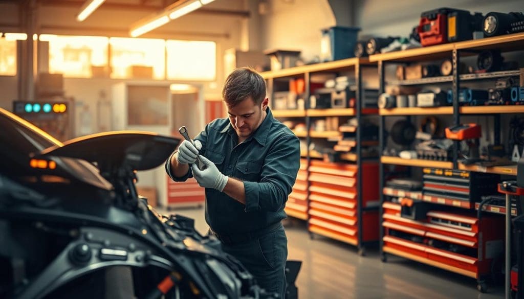 A vibrant workshop filled with a sense of efficiency and productivity. In the foreground, a mechanic skillfully wielding a wrench, their movements deliberate and focused as they work on a partially disassembled vehicle. The middle ground showcases an array of high-tech diagnostic tools and equipment, their digital displays illuminating the space with a warm, technical glow. In the background, shelves brimming with neatly organized spare parts and tools, creating an impression of a well-stocked, streamlined repair operation. Diffused, warm lighting filters through the windows, casting a subtle, golden hue over the entire scene, conveying a sense of urgency and a commitment to swiftly resolving the collision repair.
